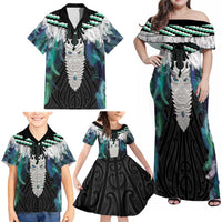 Aotearoa Korowai Motif Family Matching Off Shoulder Maxi Dress and Hawaiian Shirt Maori Tane Poutama