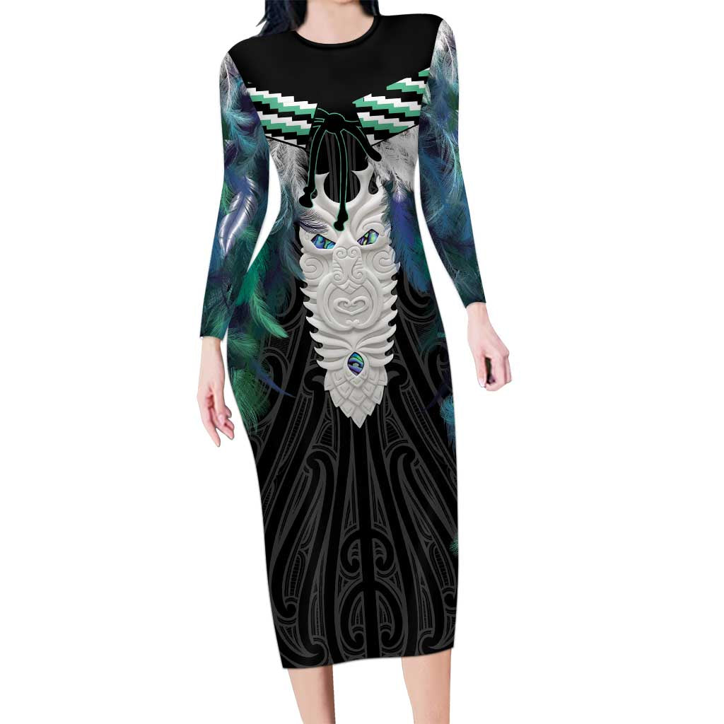 Aotearoa Korowai Motif Long Sleeve Bodycon Dress Maori Tane Poutama