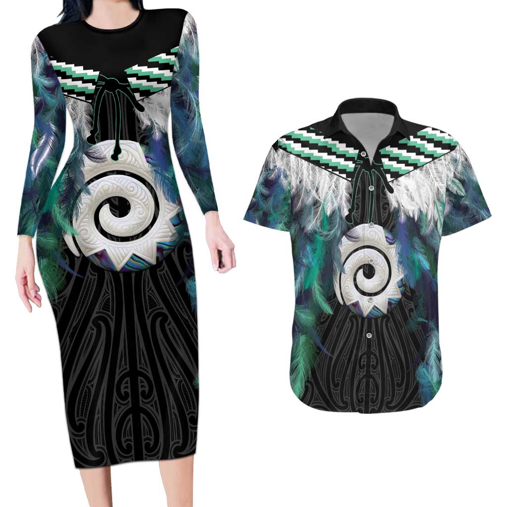 Aotearoa Korowai Motif Couples Matching Long Sleeve Bodycon Dress and Hawaiian Shirt Maori Koru Poutama