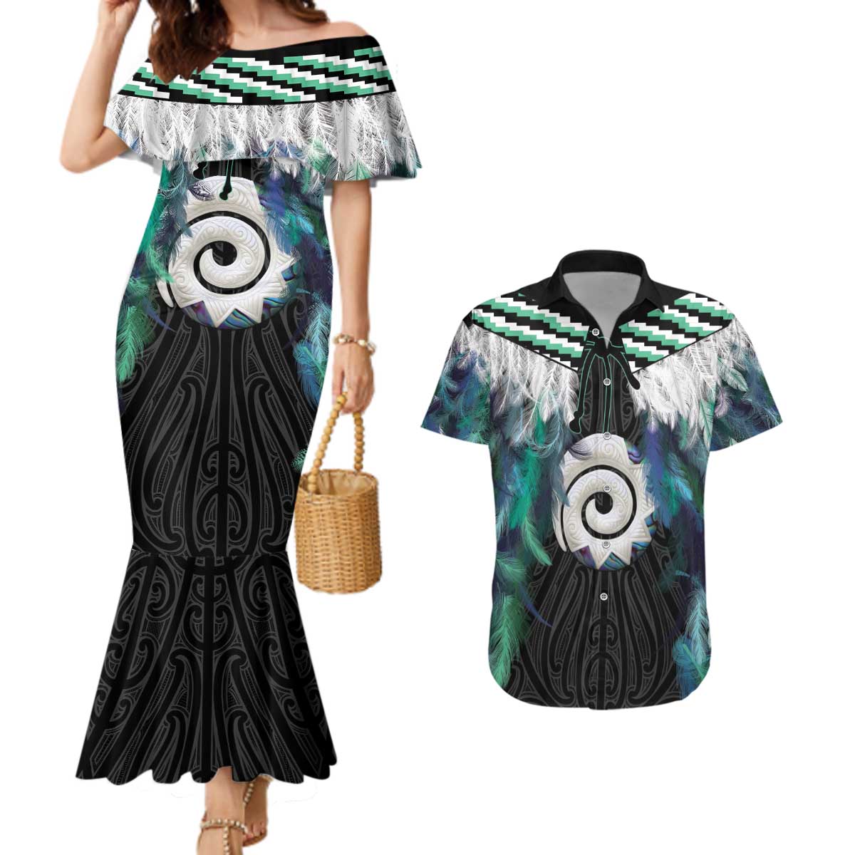Aotearoa Korowai Motif Couples Matching Mermaid Dress and Hawaiian Shirt Maori Koru Poutama