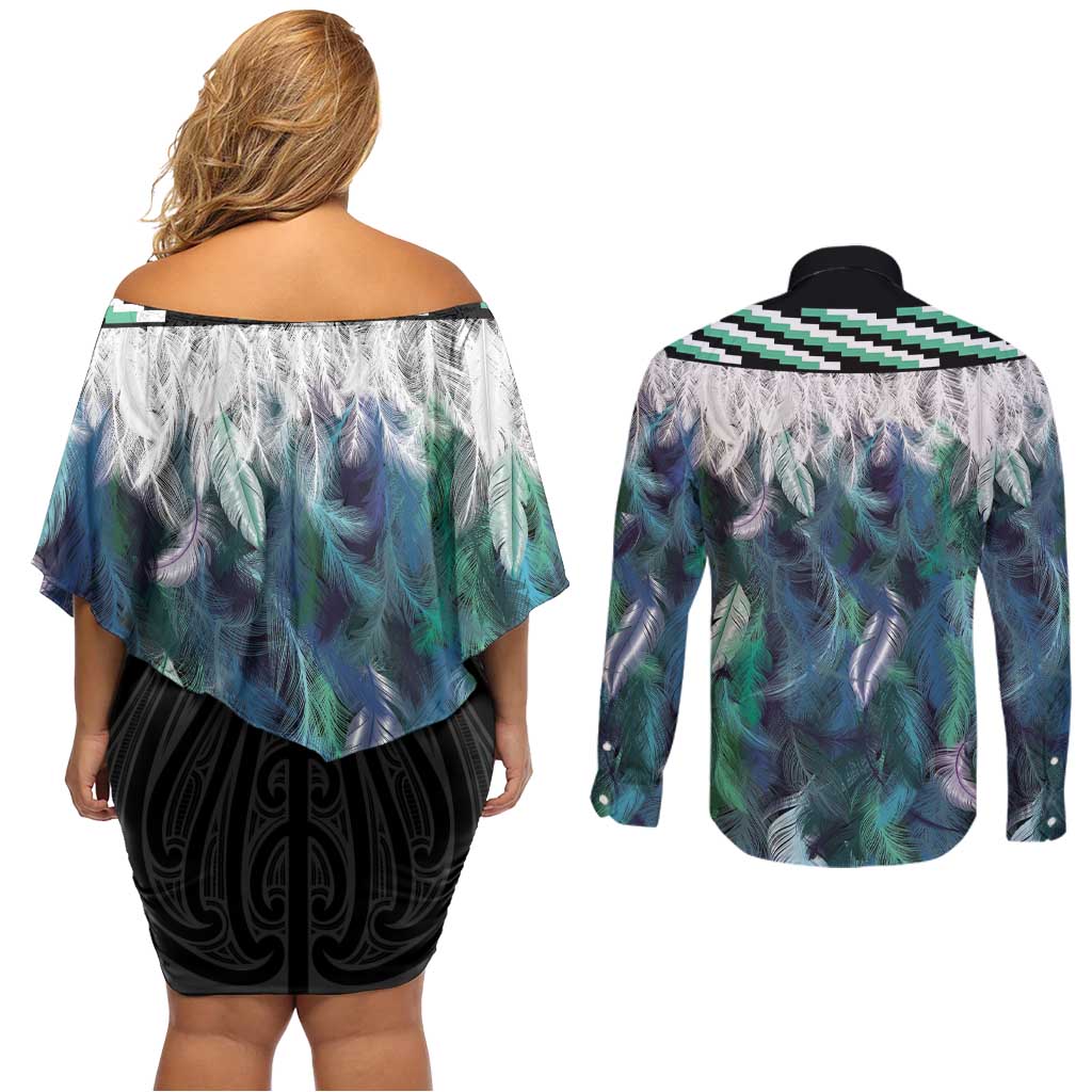 Aotearoa Korowai Motif Couples Matching Off Shoulder Short Dress and Long Sleeve Button Shirt Maori Koru Poutama