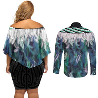 Aotearoa Korowai Motif Couples Matching Off Shoulder Short Dress and Long Sleeve Button Shirt Maori Koru Poutama