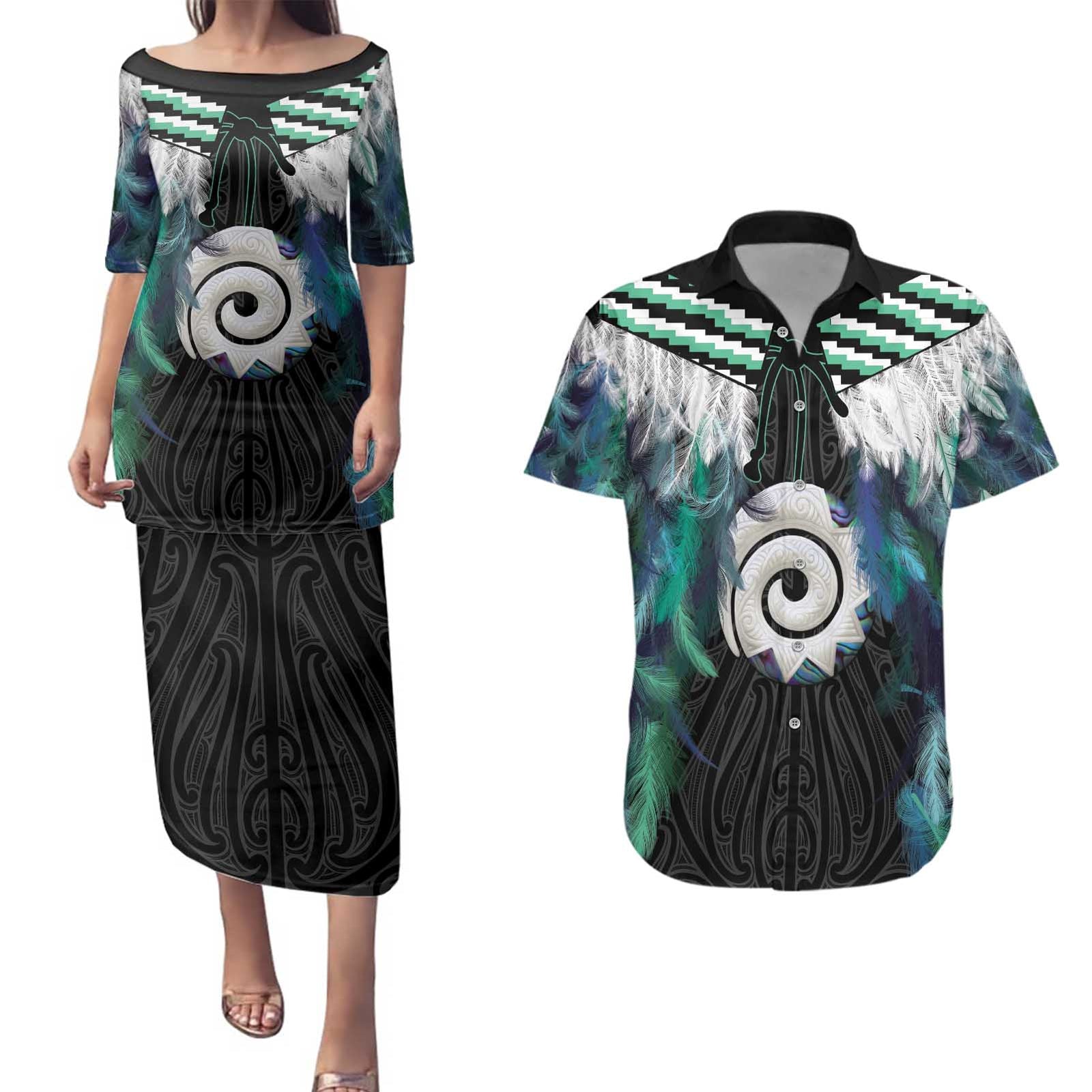 Aotearoa Korowai Motif Couples Matching Puletasi and Hawaiian Shirt Maori Koru Poutama LT14 Turquoise - Polynesian Pride