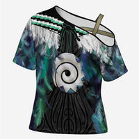 Aotearoa Korowai Motif Cross Shoulder Shirt Maori Koru Poutama LT14 Female Turquoise - Polynesian Pride