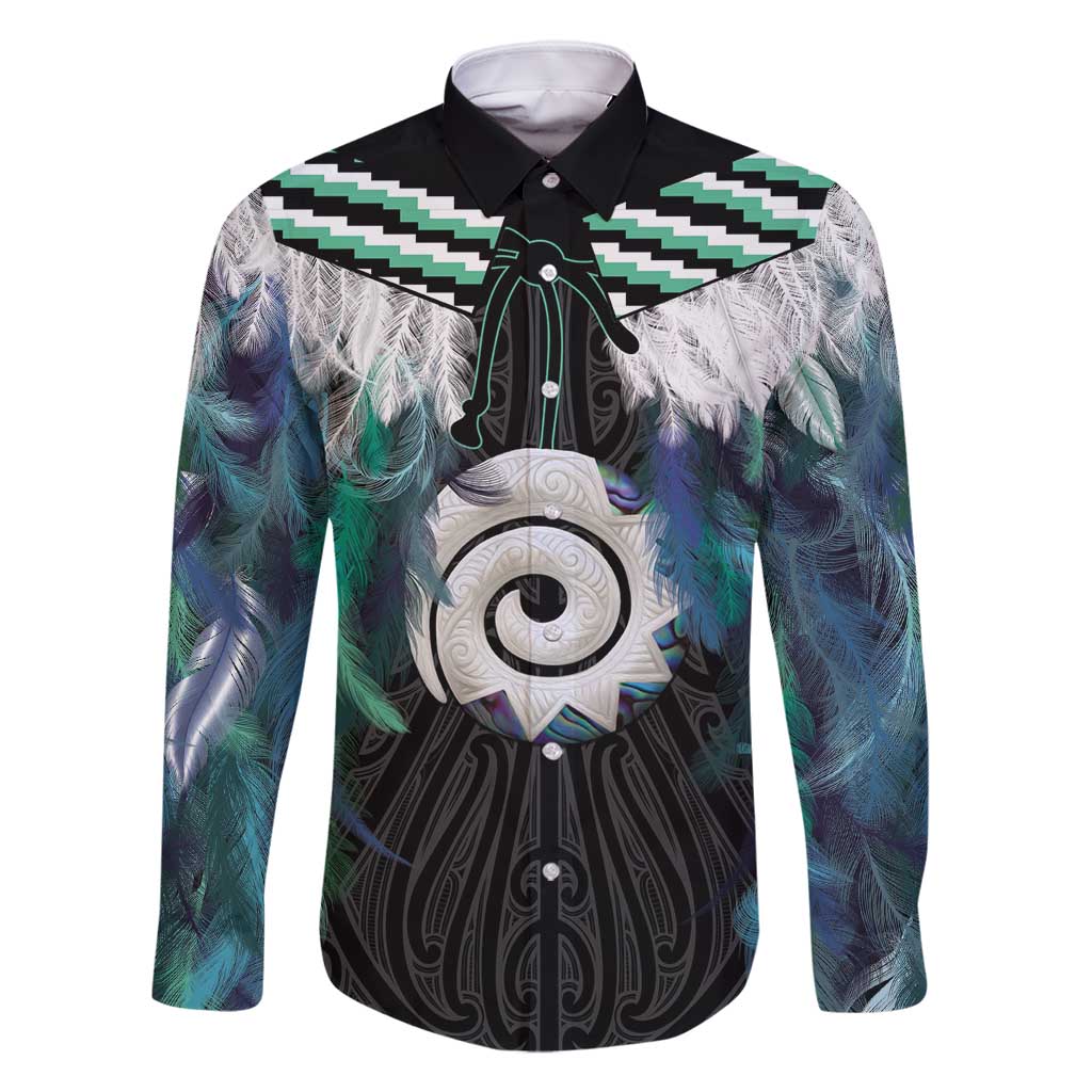 Aotearoa Korowai Motif Family Matching Mermaid Dress and Hawaiian Shirt Maori Koru Poutama LT14 Dad's Shirt - Long Sleeve Turquoise - Polynesian Pride