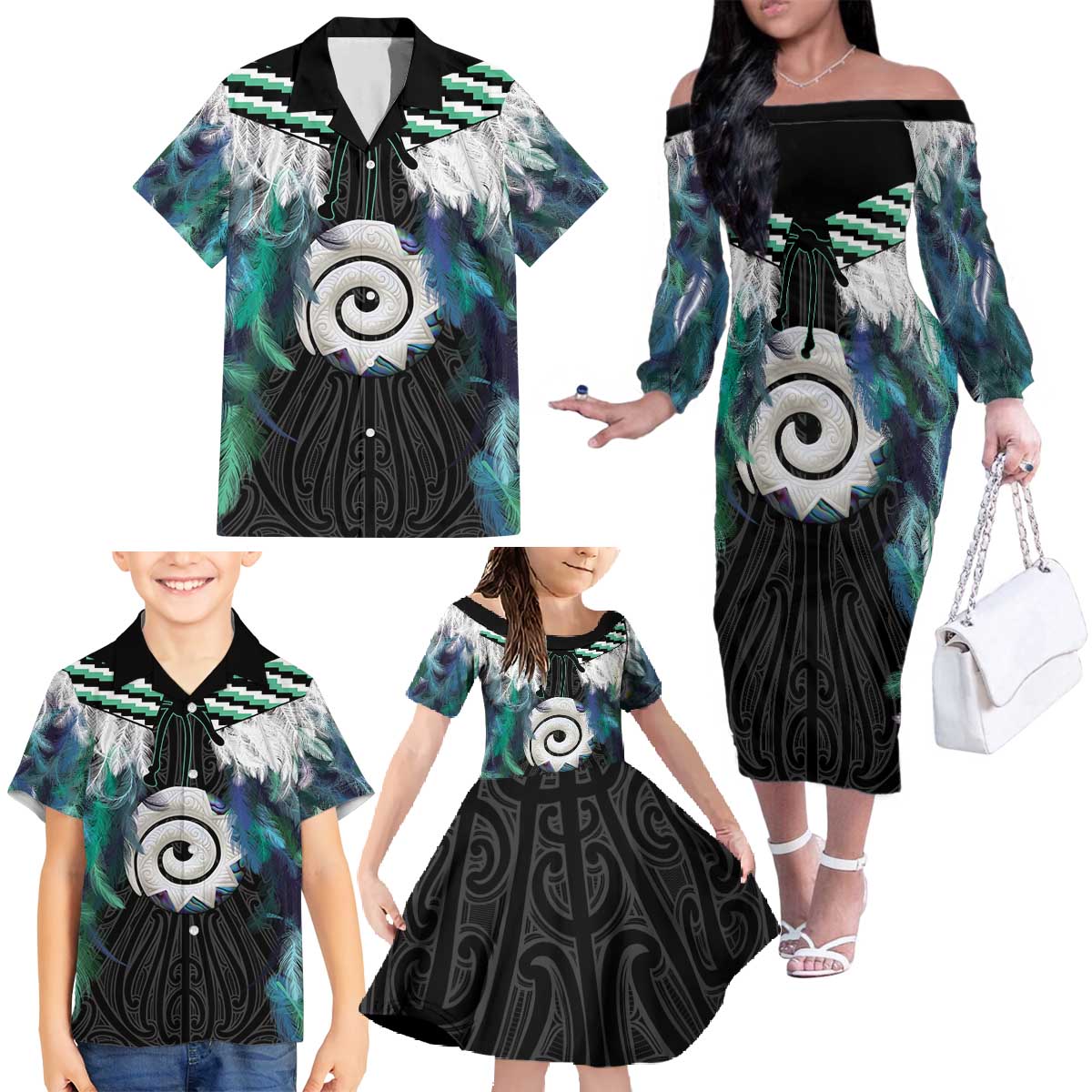 Aotearoa Korowai Motif Family Matching Off The Shoulder Long Sleeve Dress and Hawaiian Shirt Maori Koru Poutama