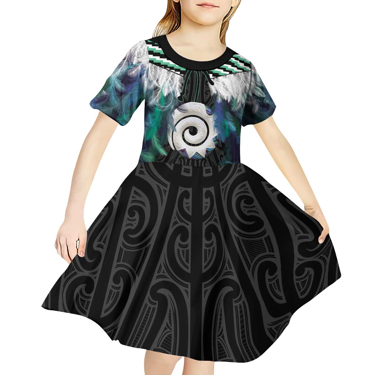 Aotearoa Korowai Motif Kid Short Sleeve Dress Maori Koru Poutama