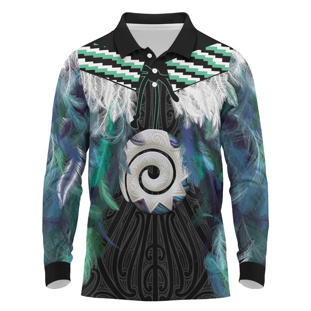 Aotearoa Korowai Motif Long Sleeve Polo Shirt Maori Koru Poutama LT14 Turquoise - Polynesian Pride