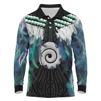 Aotearoa Korowai Motif Long Sleeve Polo Shirt Maori Koru Poutama LT14 Turquoise - Polynesian Pride