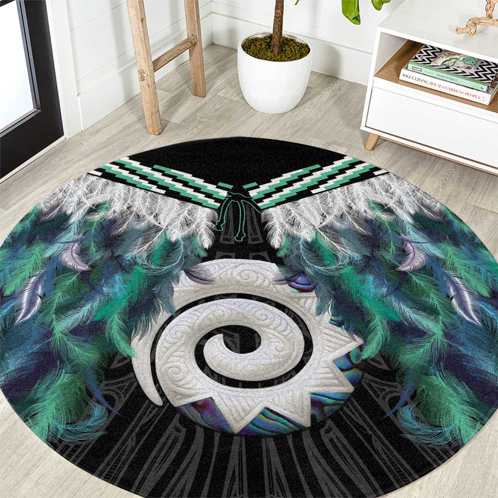 Aotearoa Korowai Motif Round Carpet Maori Koru Poutama LT14 Turquoise - Polynesian Pride