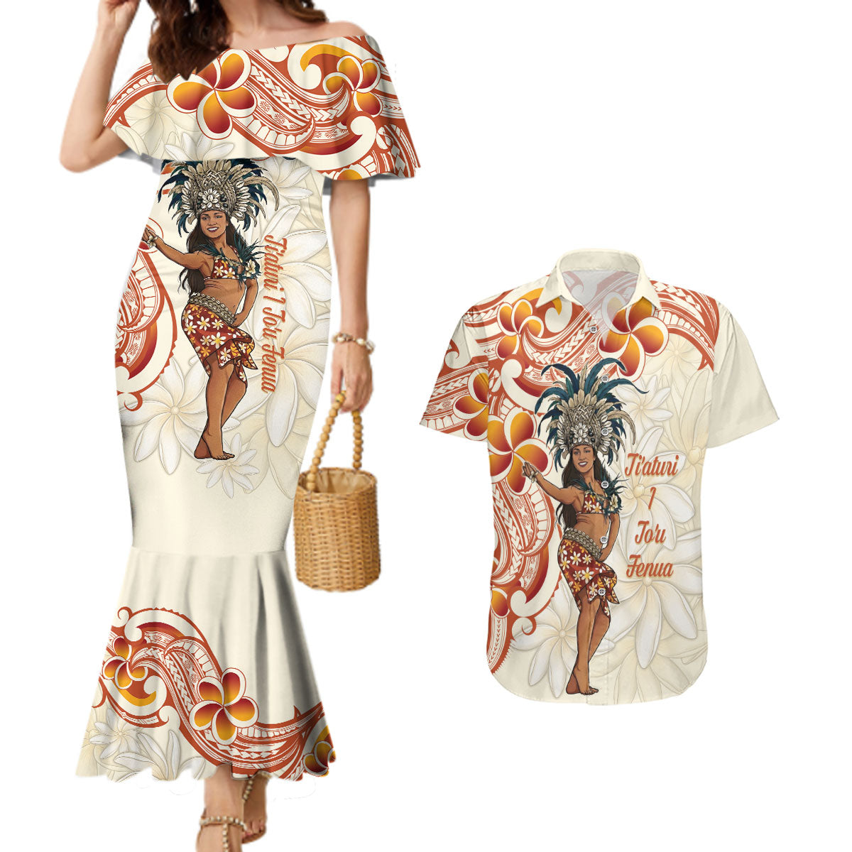Heiva i Tahiti Couples Matching Mermaid Dress and Hawaiian Shirt Ori Tahitian Dance Tiare Maori