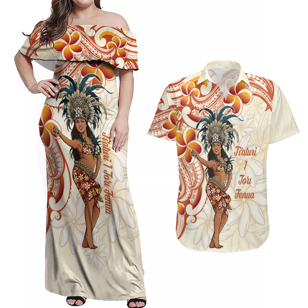 Heiva i Tahiti Couples Matching Off Shoulder Maxi Dress and Hawaiian Shirt Ori Tahitian Dance Tiare Maori
