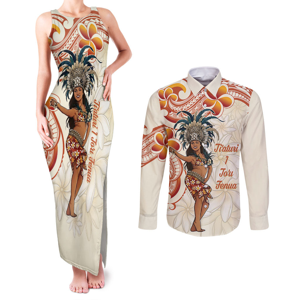 Heiva i Tahiti Couples Matching Tank Maxi Dress and Long Sleeve Button Shirt Ori Tahitian Dance Tiare Maori
