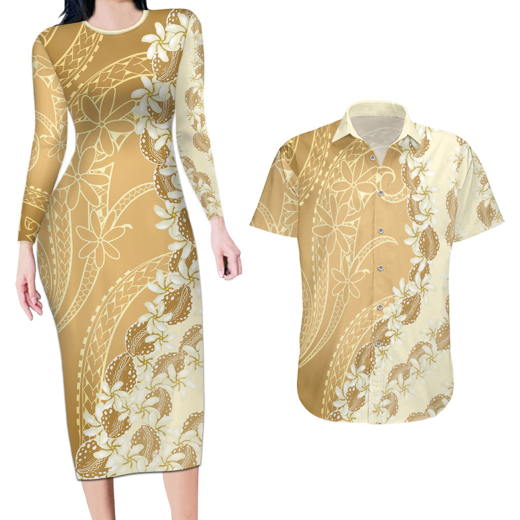 Heiva i Tahiti Couples Matching Long Sleeve Bodycon Dress and Hawaiian Shirt Tahitian Tiare Maori Cowrie Lei Brown