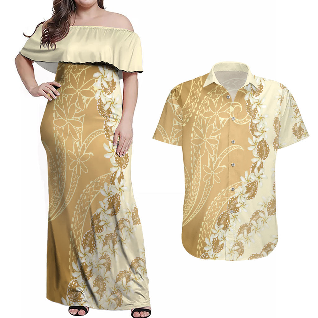 Heiva i Tahiti Couples Matching Off Shoulder Maxi Dress and Hawaiian Shirt Tahitian Tiare Maori Cowrie Lei Brown