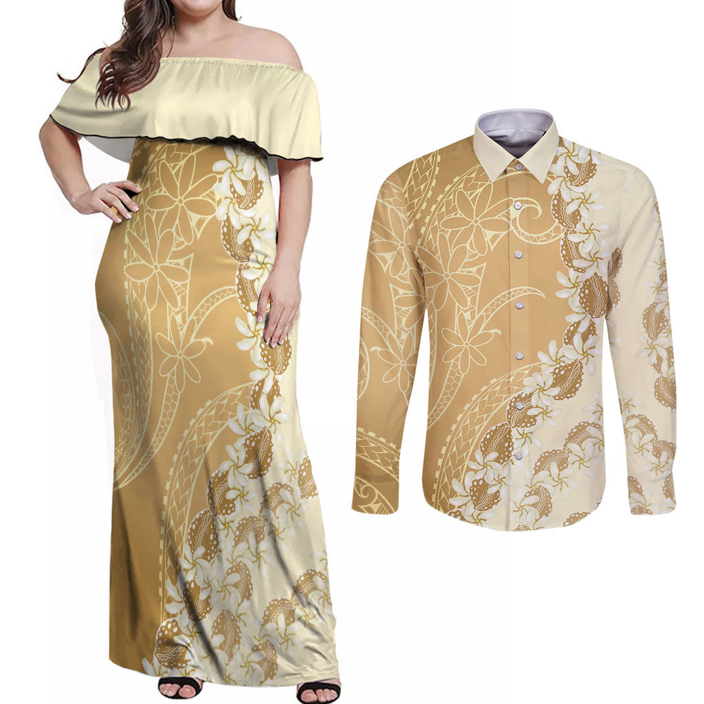 Heiva i Tahiti Couples Matching Off Shoulder Maxi Dress and Long Sleeve Button Shirt Tahitian Tiare Maori Cowrie Lei Brown