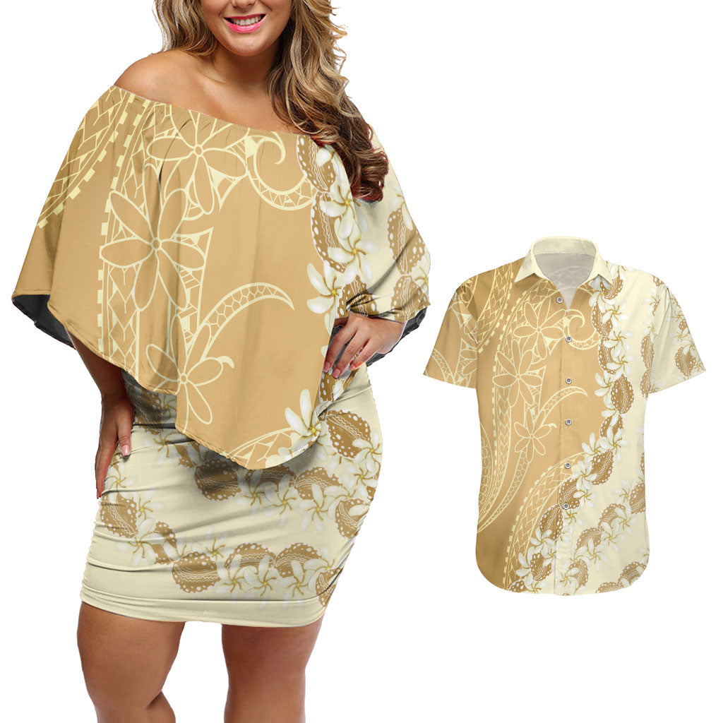 Heiva i Tahiti Couples Matching Off Shoulder Short Dress and Hawaiian Shirt Tahitian Tiare Maori Cowrie Lei Brown