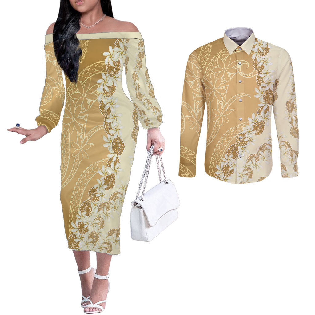 Heiva i Tahiti Couples Matching Off The Shoulder Long Sleeve Dress and Long Sleeve Button Shirt Tahitian Tiare Maori Cowrie Lei Brown