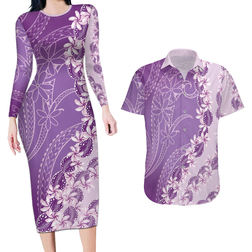 Heiva i Tahiti Couples Matching Long Sleeve Bodycon Dress and Hawaiian Shirt Tahitian Tiare Maori Cowrie Lei Purple