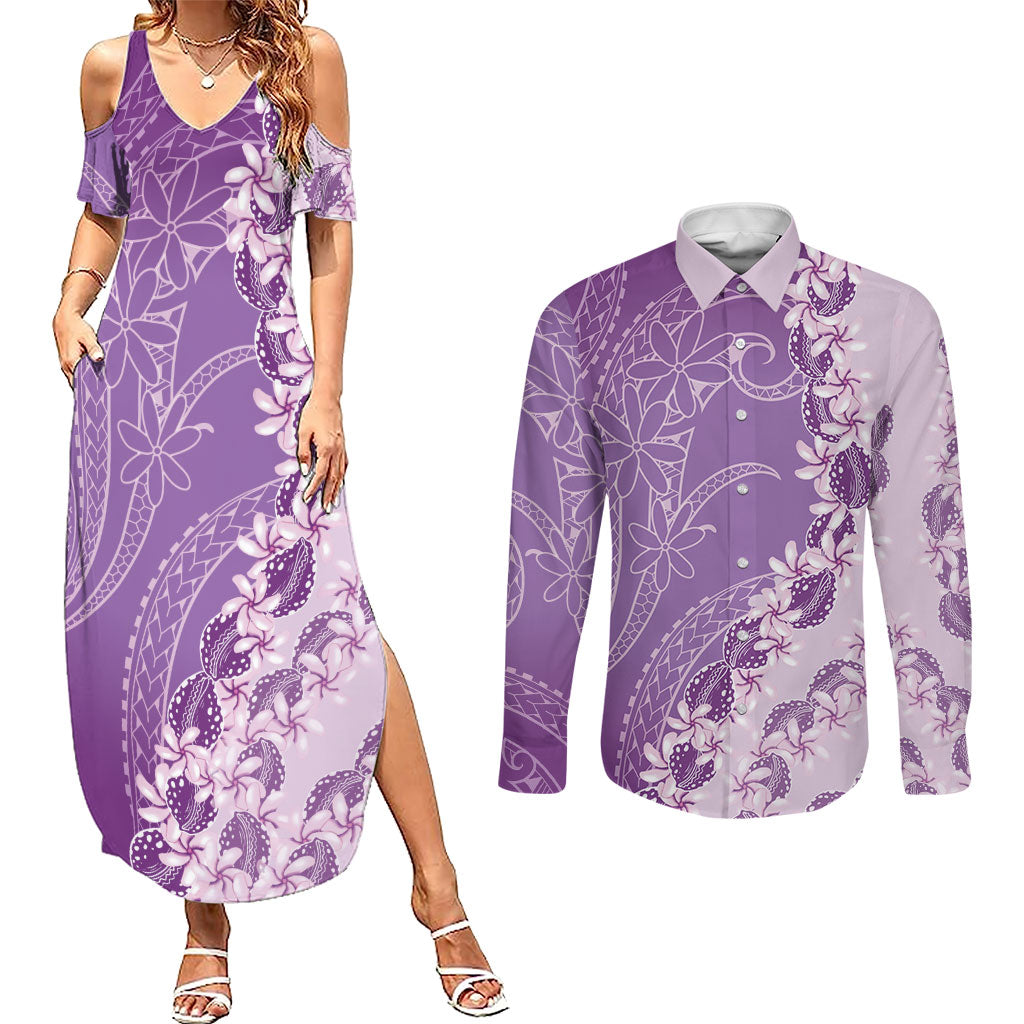 Heiva i Tahiti Couples Matching Summer Maxi Dress and Long Sleeve Button Shirt Tahitian Tiare Maori Cowrie Lei Purple