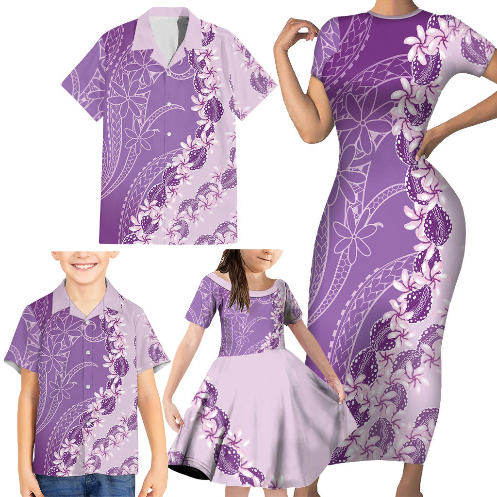 Heiva i Tahiti Family Matching Short Sleeve Bodycon Dress and Hawaiian Shirt Tahitian Tiare Maori Cowrie Lei Purple