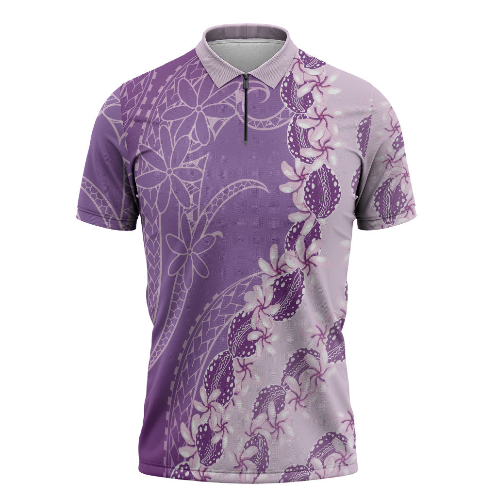 Heiva i Tahiti Zipper Polo Shirt Tahitian Tiare Maori Cowrie Lei Purple