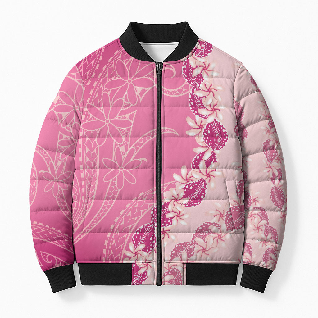 Heiva i Tahiti Bomber Puffer Jacket Tahitian Tiare Maori Cowrie Lei Pink