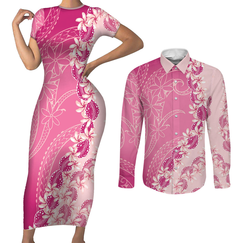 Heiva i Tahiti Couples Matching Short Sleeve Bodycon Dress and Long Sleeve Button Shirt Tahitian Tiare Maori Cowrie Lei Pink