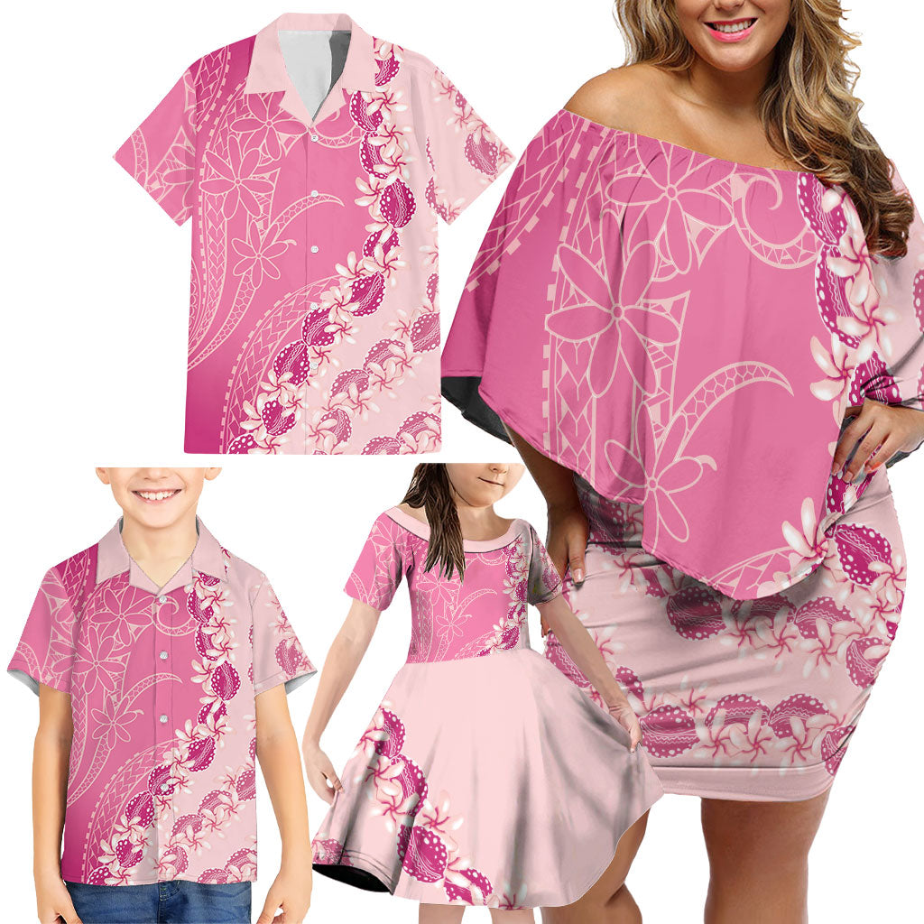 Heiva i Tahiti Family Matching Off Shoulder Short Dress and Hawaiian Shirt Tahitian Tiare Maori Cowrie Lei Pink