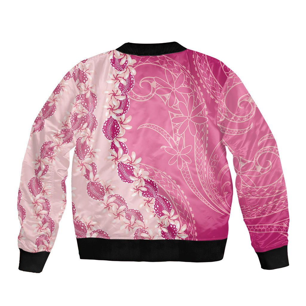 Heiva i Tahiti Sleeve Zip Bomber Jacket Tahitian Tiare Maori Cowrie Lei Pink LT14 - Polynesian Pride