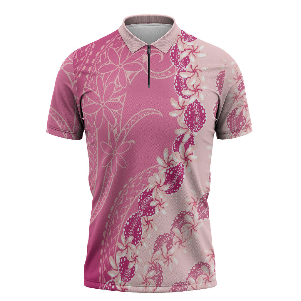 Heiva i Tahiti Zipper Polo Shirt Tahitian Tiare Maori Cowrie Lei Pink