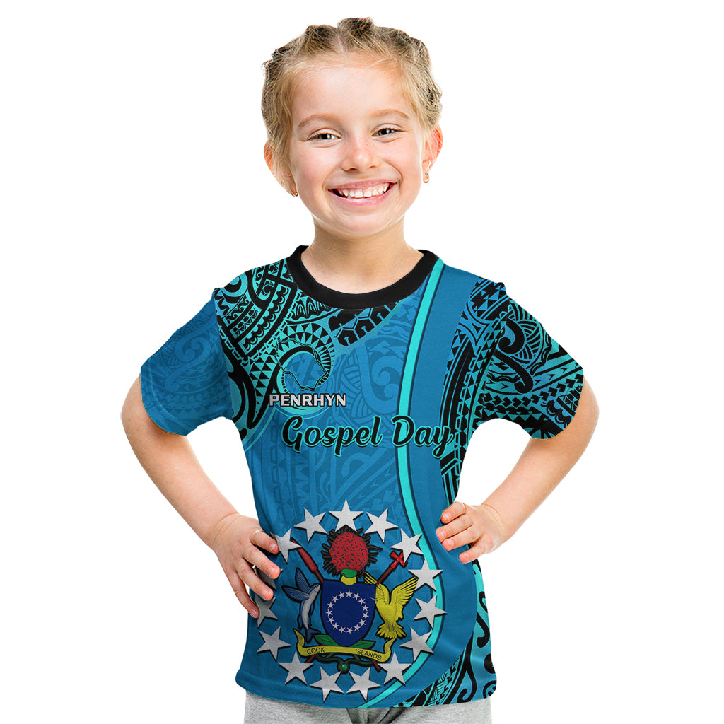 Personalised 13 March Penrhyn Island Gospel Day Kid T Shirt Cook Islands Tribal Pattern LT14 Blue - Polynesian Pride