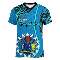 Personalised 13 March Penrhyn Island Gospel Day Women V Neck T Shirt Cook Islands Tribal Pattern LT14 Female Blue - Polynesian Pride