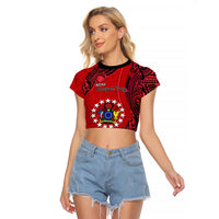 20 July Atiu Island Gospel Day Raglan Cropped T Shirt Cook Islands Tribal Pattern LT14 Female Red - Polynesian Pride