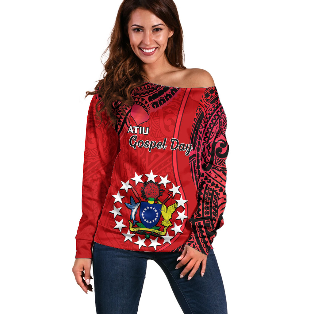 Personalised 20 July Atiu Island Gospel Day Off Shoulder Sweater Cook Islands Tribal Pattern LT14 Women Red - Polynesian Pride