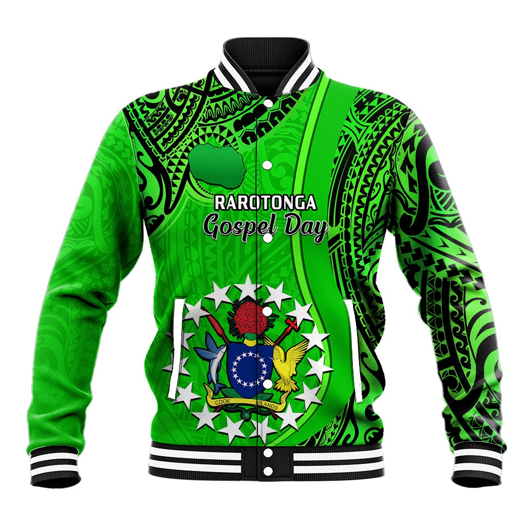 Personalised 25 July Rarotonga Island Gospel Day Baseball Jacket Cook Islands Tribal Pattern LT14 Unisex Green - Polynesian Pride