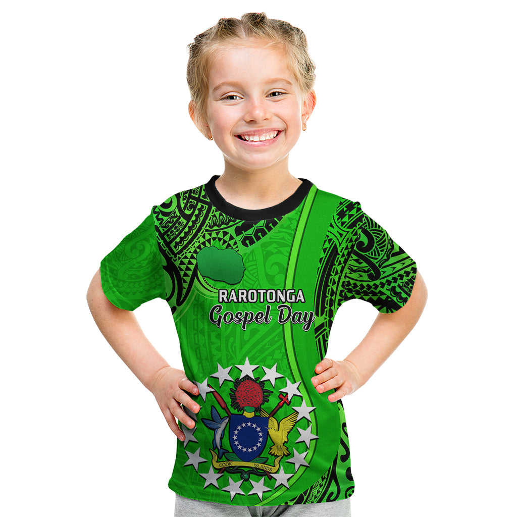 Personalised 25 July Rarotonga Island Gospel Day Kid T Shirt Cook Islands Tribal Pattern LT14 Green - Polynesian Pride