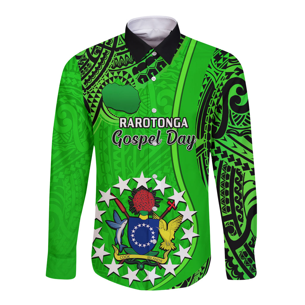 Personalised 25 July Rarotonga Island Gospel Day Long Sleeve Button Shirt Cook Islands Tribal Pattern LT14 Unisex Green - Polynesian Pride
