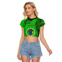 Personalised 25 July Rarotonga Island Gospel Day Raglan Cropped T Shirt Cook Islands Tribal Pattern LT14 Female Green - Polynesian Pride