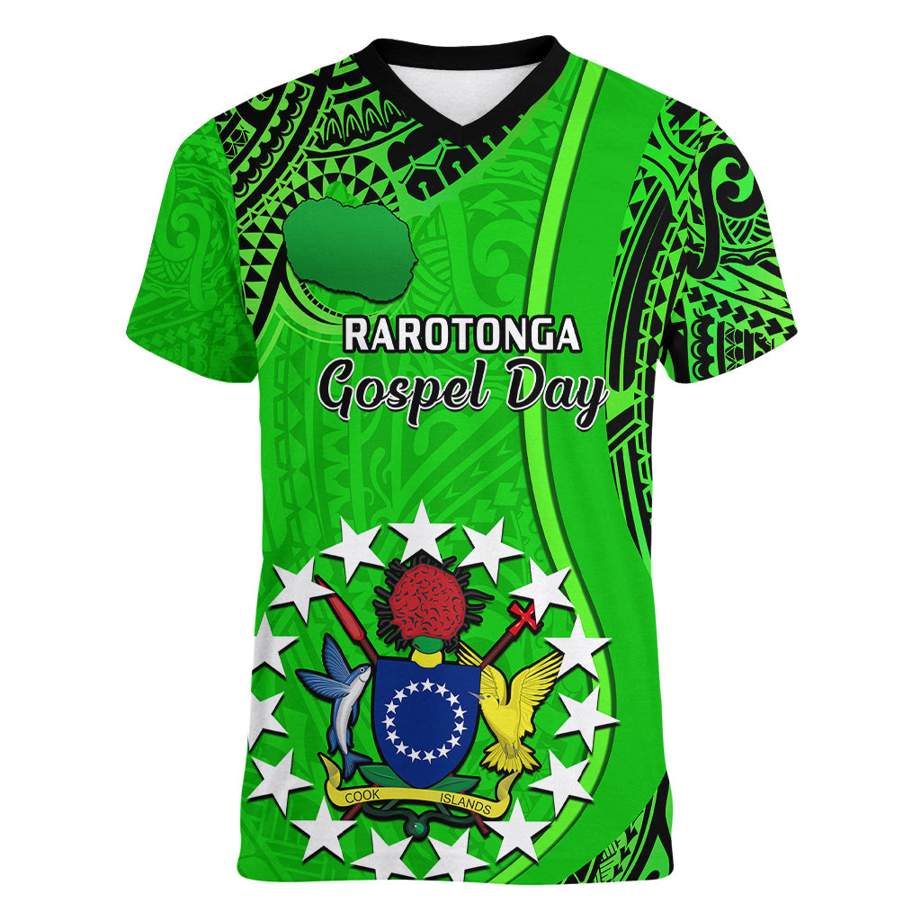 Personalised 25 July Rarotonga Island Gospel Day Women V Neck T Shirt Cook Islands Tribal Pattern LT14 Female Green - Polynesian Pride