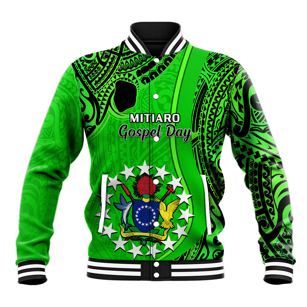 Personalised 21 July Mitiaro Island Gospel Day Baseball Jacket Cook Islands Tribal Pattern LT14 Unisex Green - Polynesian Pride