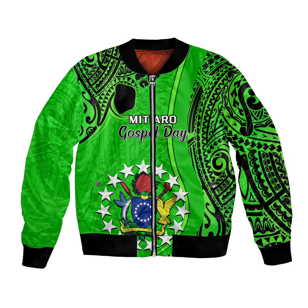 Personalised 21 July Mitiaro Island Gospel Day Bomber Jacket Cook Islands Tribal Pattern LT14 Unisex Green - Polynesian Pride