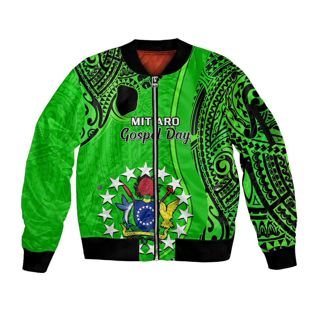 Personalised 21 July Mitiaro Island Gospel Day Sleeve Zip Bomber Jacket Cook Islands Tribal Pattern LT14 Unisex Green - Polynesian Pride