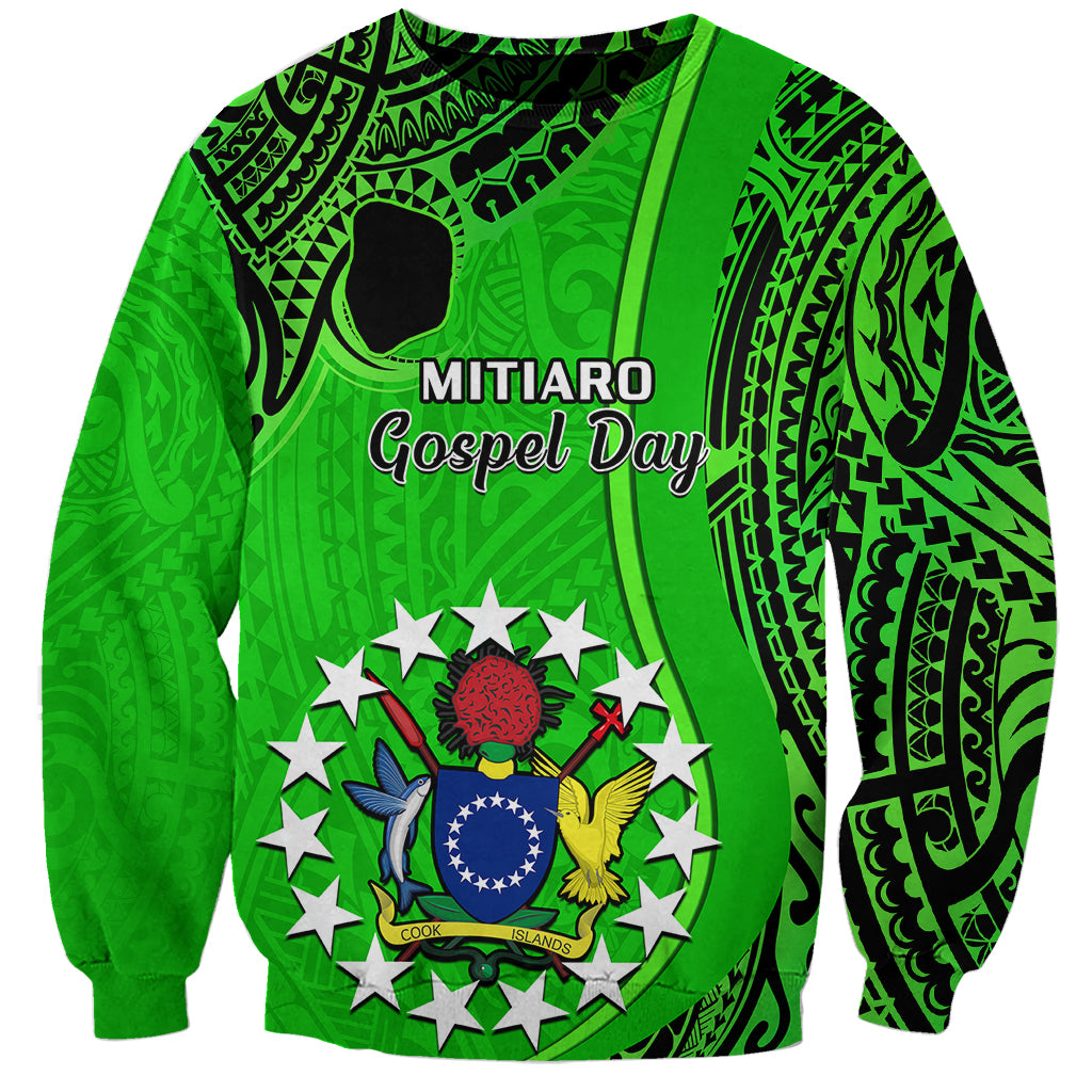 Personalised 21 July Mitiaro Island Gospel Day Sweatshirt Cook Islands Tribal Pattern LT14 Unisex Green - Polynesian Pride