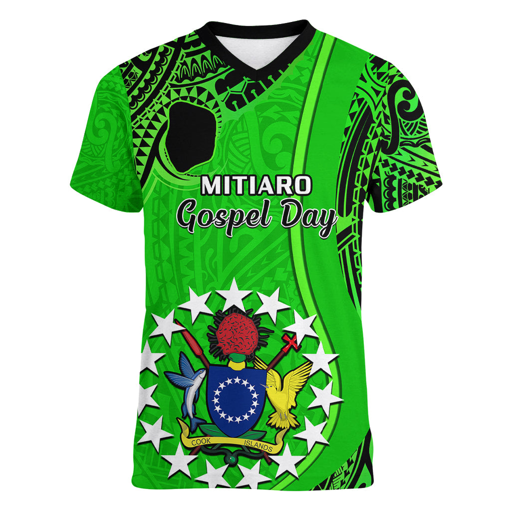 Personalised 21 July Mitiaro Island Gospel Day Women V Neck T Shirt Cook Islands Tribal Pattern LT14 Female Green - Polynesian Pride
