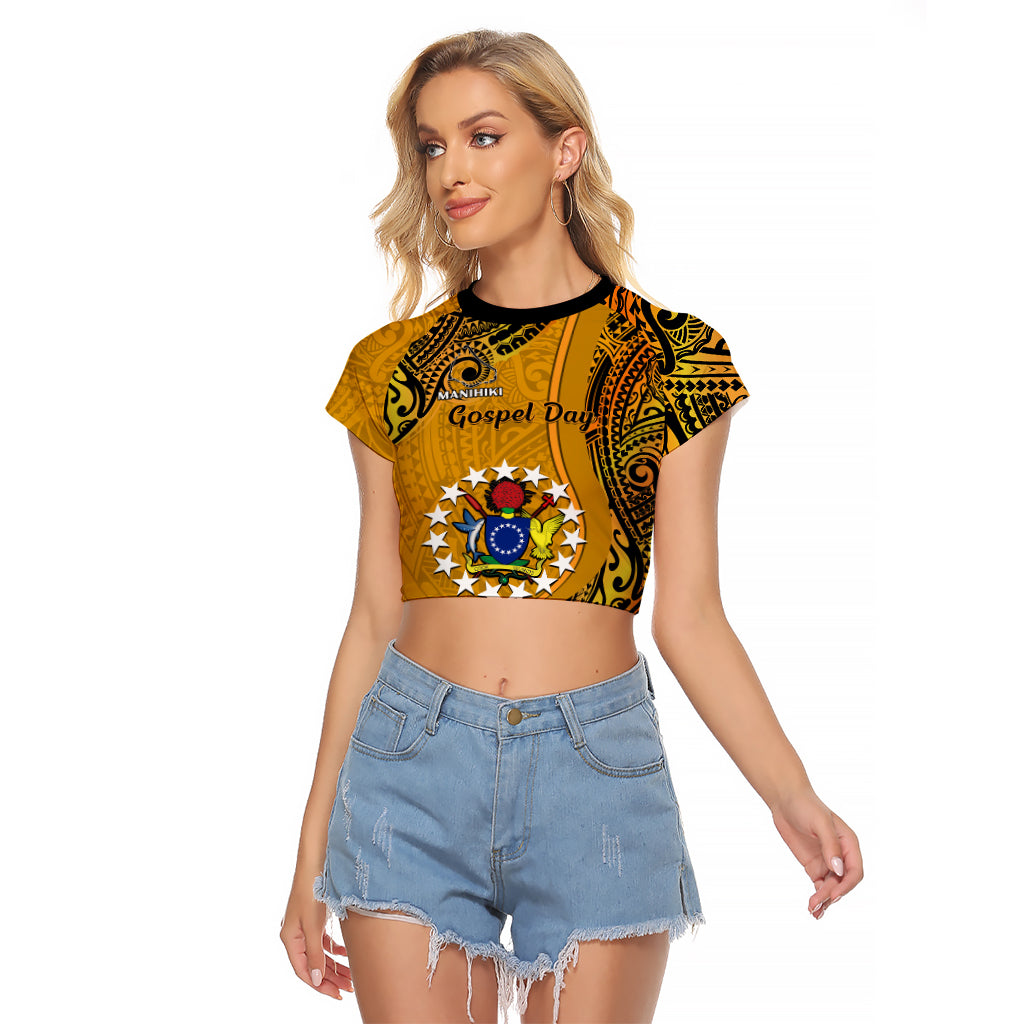 8 August Manihiki Island Gospel Day Raglan Cropped T Shirt Cook Islands Tribal Pattern LT14 Female Gold - Polynesian Pride