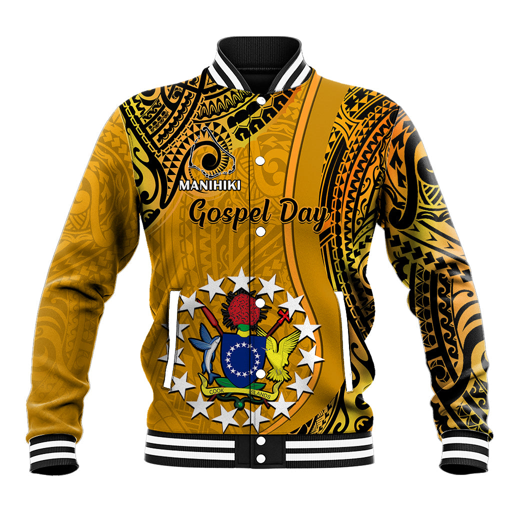 Personalised 8 August Manihiki Island Gospel Day Baseball Jacket Cook Islands Tribal Pattern LT14 Unisex Gold - Polynesian Pride