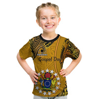 Personalised 8 August Manihiki Island Gospel Day Kid T Shirt Cook Islands Tribal Pattern LT14 Gold - Polynesian Pride
