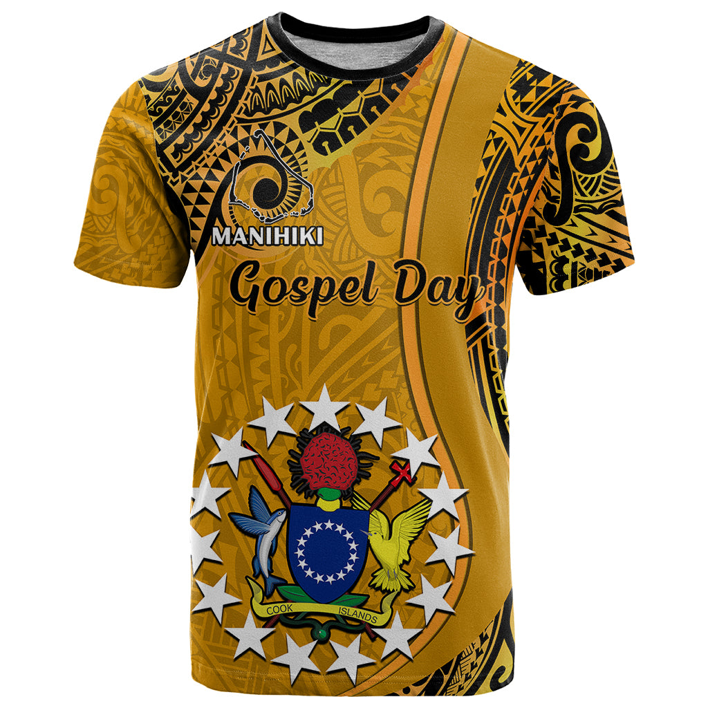 Custom 8 August Manihiki Island Gospel Day T Shirt Cook Islands Tribal Pattern LT14 Gold - Polynesian Pride