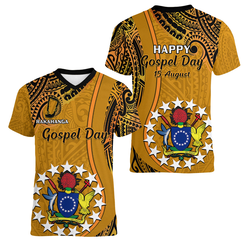 15 August Rakahanga Island Gospel Day Women V Neck T Shirt Cook Islands Tribal Pattern LT14 - Polynesian Pride